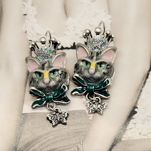 Vintage Estate Collectible Signed Kirks Folly Princess Kitty Silver Earrings - Picture 5 of 11